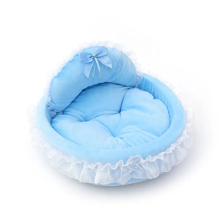 Light blue pet bed with white lace trim for cute princess cat or princess dog