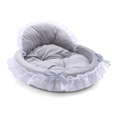 Gray ruffled oval pet bed for cute princess cat or princess cat dog lounging comfort