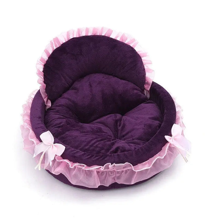 Purple pet bed with pink ruffles and bows for cute princess cat and princess cat dog