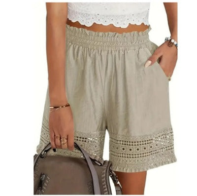 beige Ladies Casual Loose Solid Color Patchwork Elastic Waist Shorts