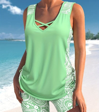 green Women's Printed Boxer Tankini Swimsuit