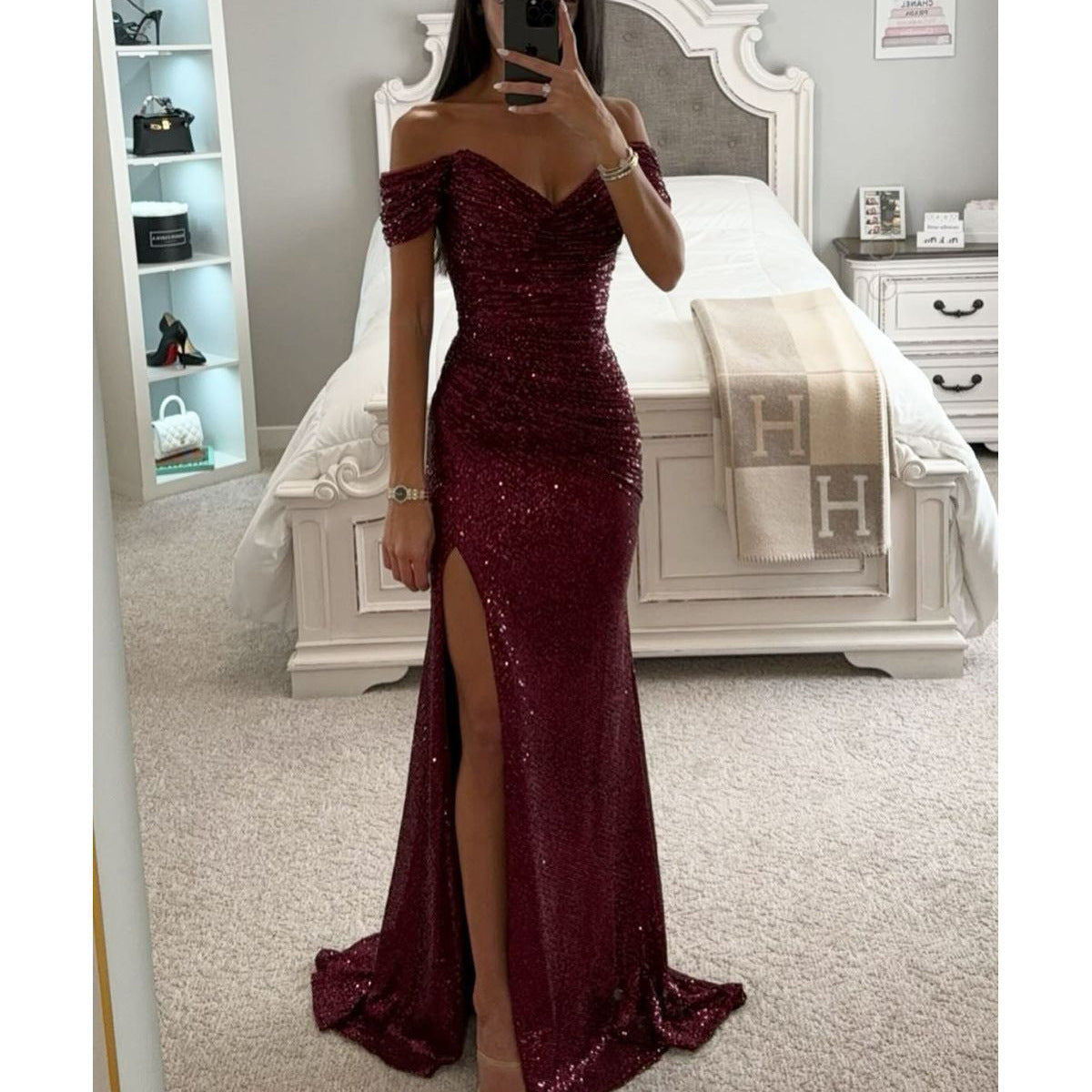 wine red Backless Sling Fashion V-neck  Party Evening Dress