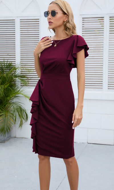 wine red Lotus Leaf Bell Sleeve Sheath Dress