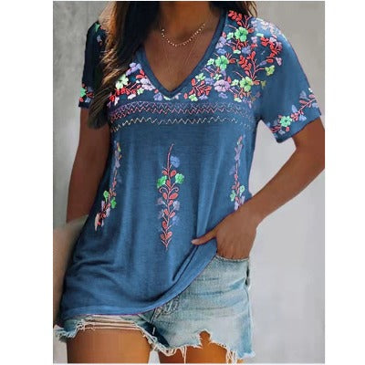 blue Bohemian Printed V-neck Short-sleeved Top