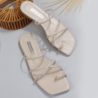 off white Flat Square Toe Sandals