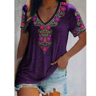 Bohemian Printed V-neck Short-sleeved Top