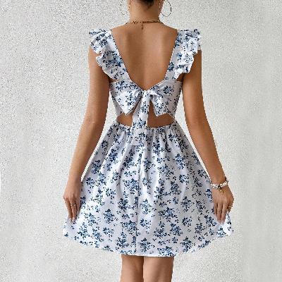 white with blue flower Ruffled With Bow-tie Backless Casual Holiday  Dress