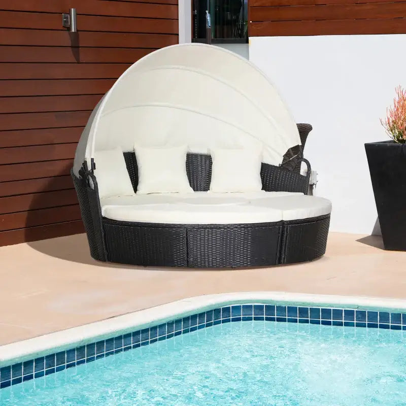 Wicker outdoor daybed with canopy for relaxing on your Round Patio, featuring a round chair dimension