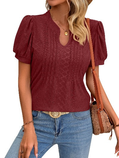 red wine Hollow Design Loose T-shirt