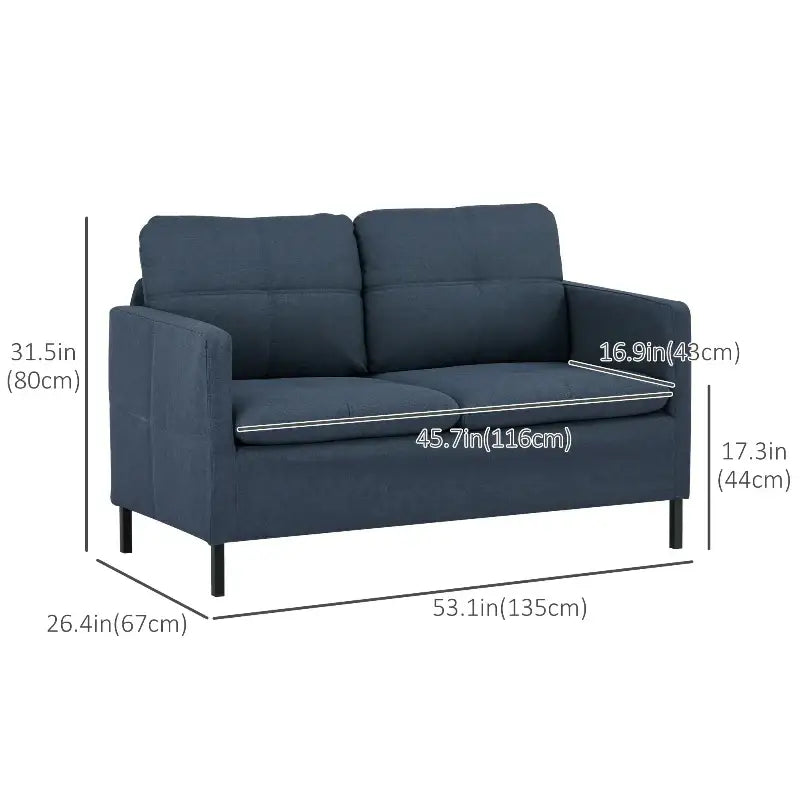 Blue loveseat with dimensions.