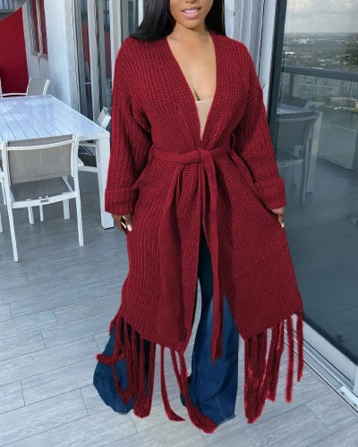 burgundy tassel cardigan sweater