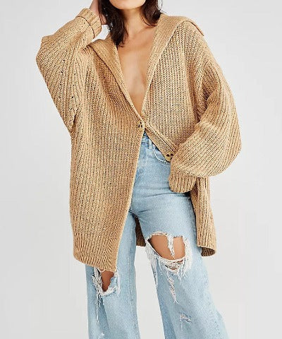 Women's Lapel Pocket Knitted Button Mid-length Coat Cardigan