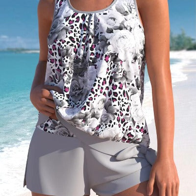 grey Women's Printed Shorts Swimsuit Tankini