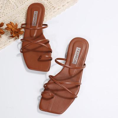 brown Flat Square Toe Sandals