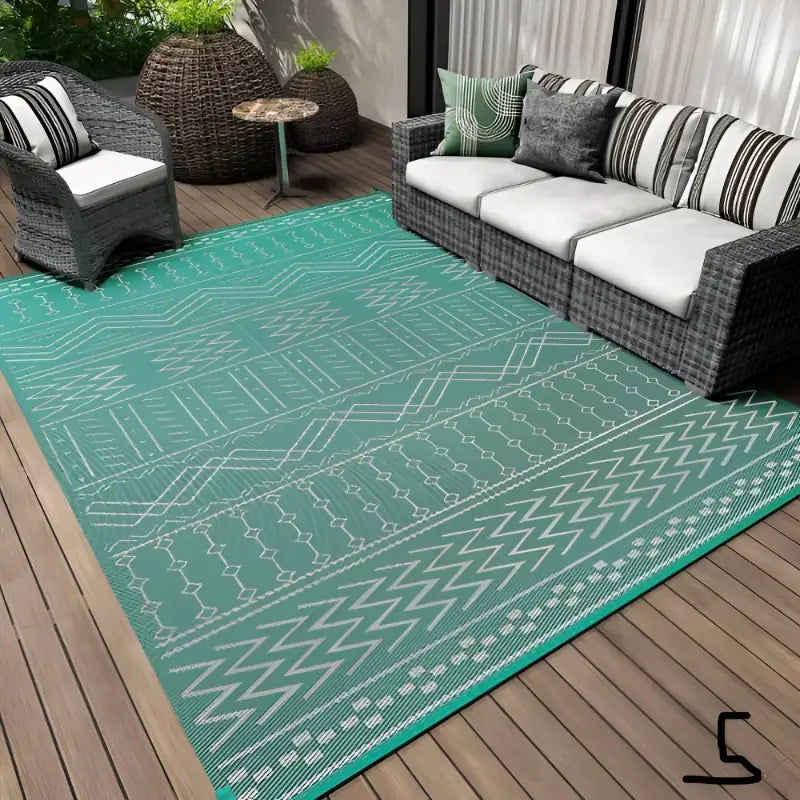 Turquoise and white patterned decorative home patio outdoor mat for outdoor space