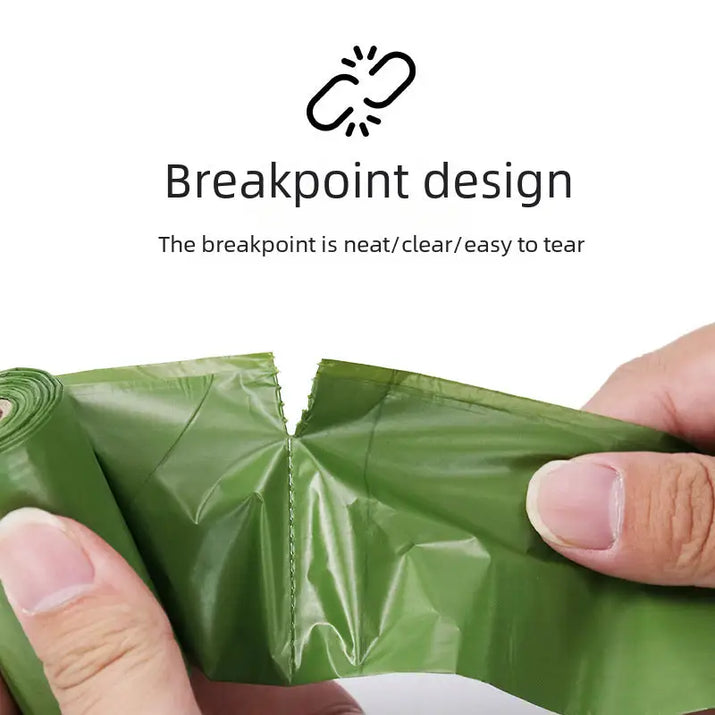 Green dog waste bags with breakpoint design.