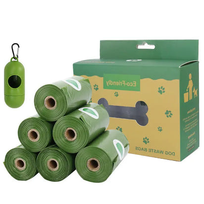 Green dog waste bags with dispenser and box.