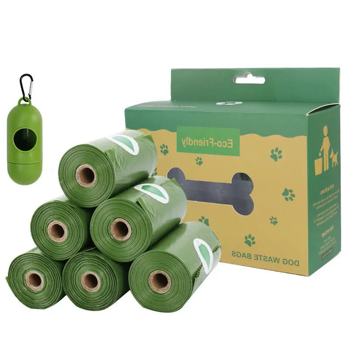 Green dog waste bags with dispenser and box.