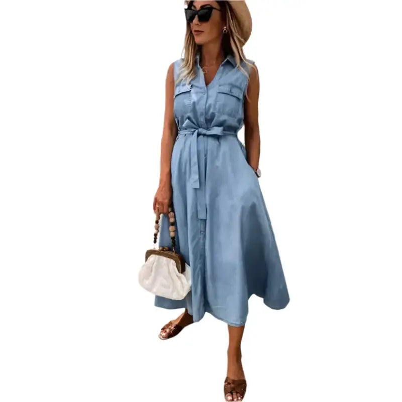 Sleeveless denim midi dress.