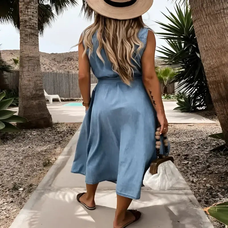 Woman’s blue denim dress.