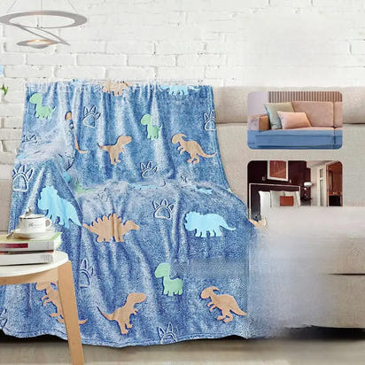 Blue dinosaur-patterned throw blanket.