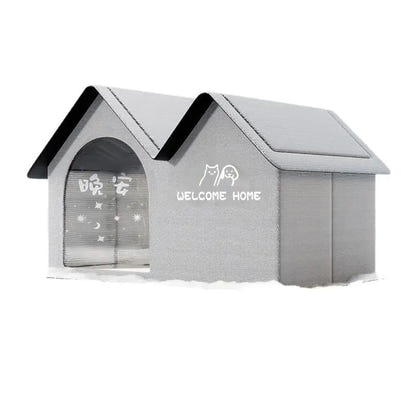 Gray pet house with peaked roof.
