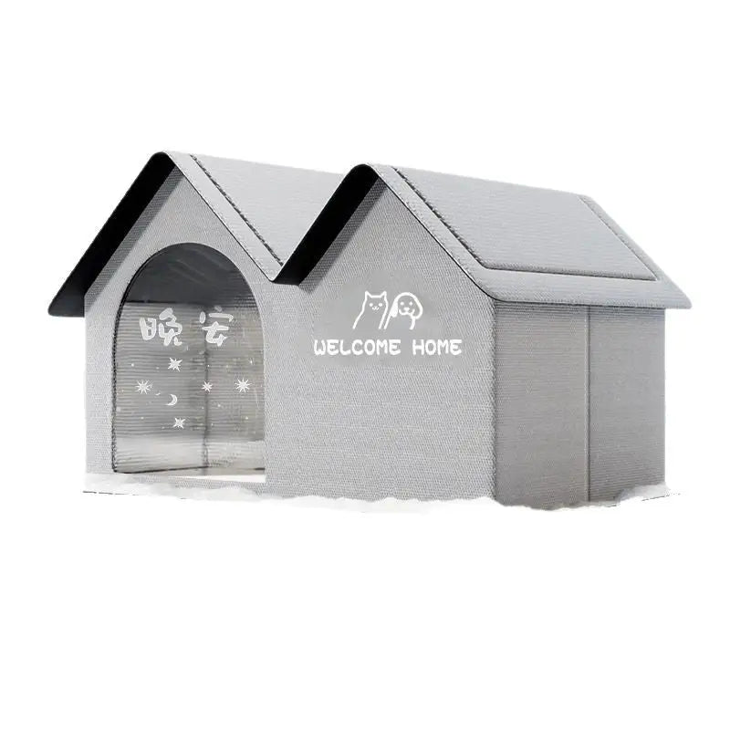 Gray pet house with peaked roof.
