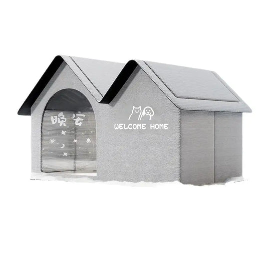 Gray pet house with peaked roof.