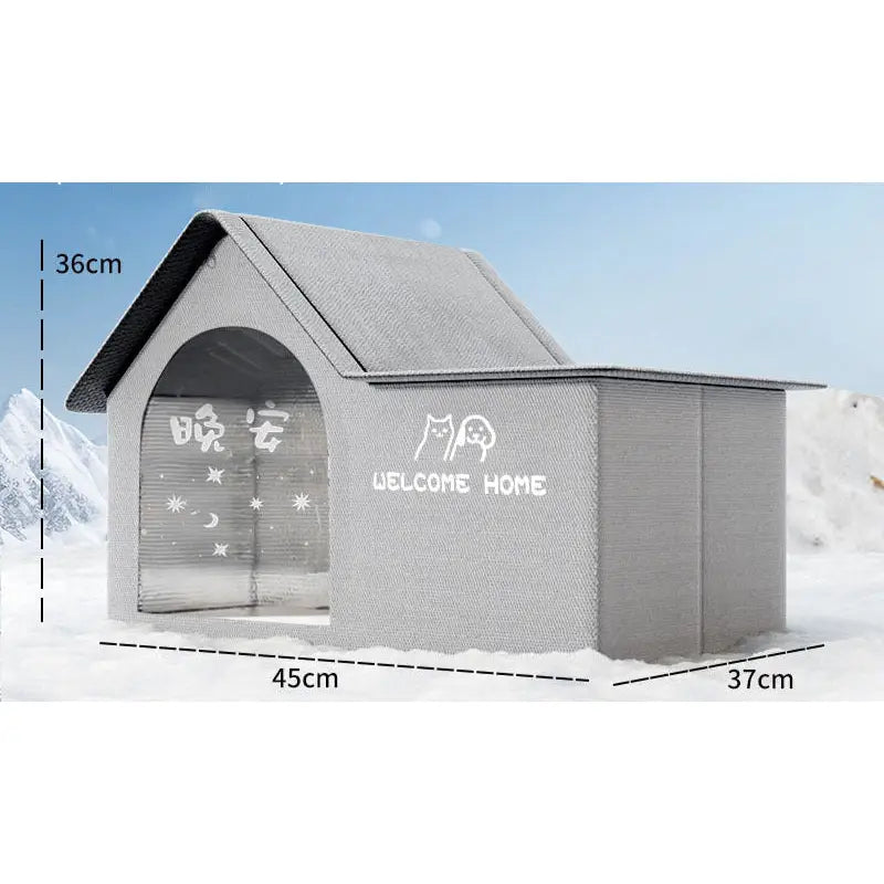 Gray pet house with dimensions.
