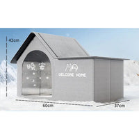 Gray pet house with dimensions.