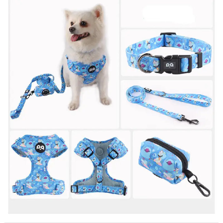 Dog harness set with unicorn pattern.