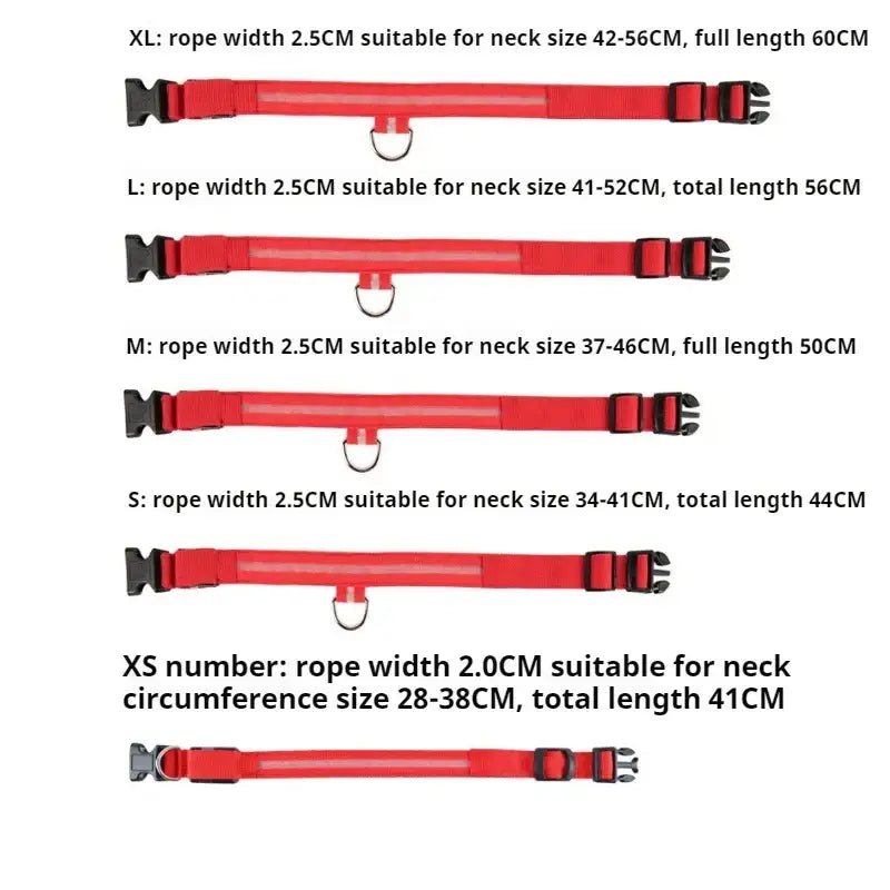Red dog collars with size information.