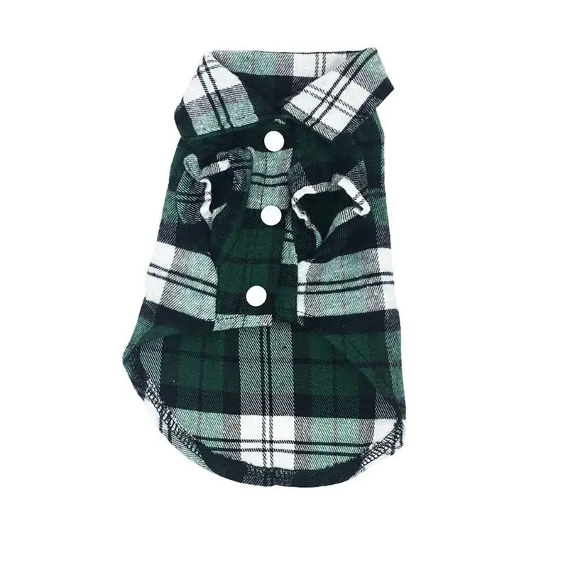Green and white plaid dog shirt from Dog Plaid Pet Clothes, perfect plaid pet clothes for dogs