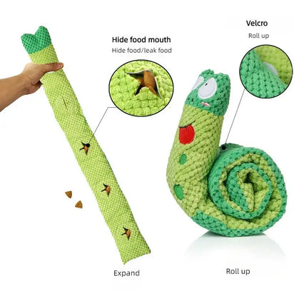 Green plush dog toy with food hiding spots perfect for dog puzzle and interactive play