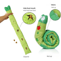 Green plush dog toy with food hiding spots perfect for dog puzzle and interactive play