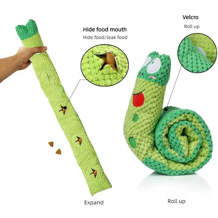 Green plush dog toy with food hiding spots perfect for dog puzzle and interactive play