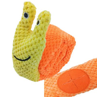 Plush snail toy with orange body and yellow head for dog puzzle interactive toy