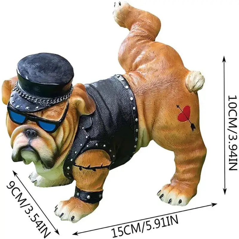 Playful dog resin garden ornament featuring a Bulldog statue in biker attire