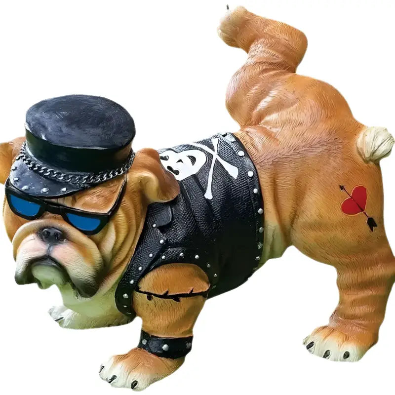 Playful dog resin garden ornament of Bulldog statue wearing biker attire and urinating
