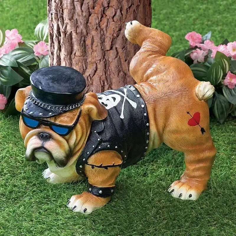 Humorous bulldog statue as a playful dog resin garden ornament in outdoor decor