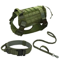 Olive green dog tactical collar training set with harness, collar, and leash for collar training