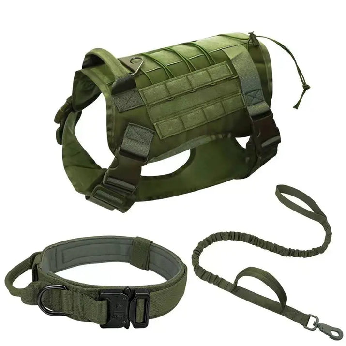 Olive green dog tactical collar training set with harness, collar, and leash for collar training