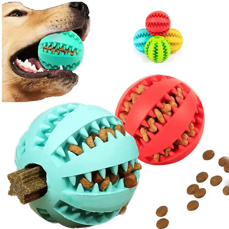 Dog toy ball showing interactive rubber balls and dog treat dispensing features