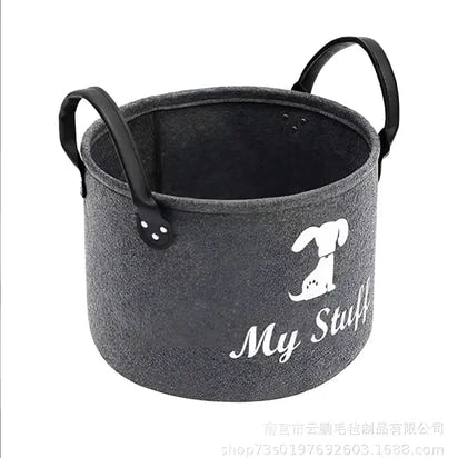 Gray felt dog toys storage bin with black handles for a clutter-free home