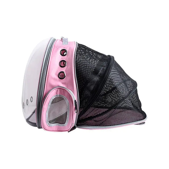 Pink pet carrier backpack with clear bubble window and mesh extension for cats pet space