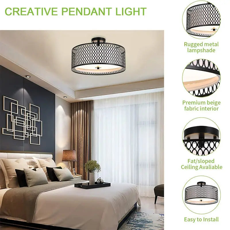 Black metal mesh pendant light.