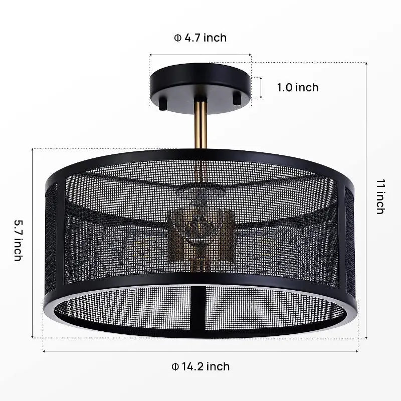 Black mesh drum ceiling light.