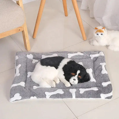 Dog bed with bone pattern and sleeping dog.
