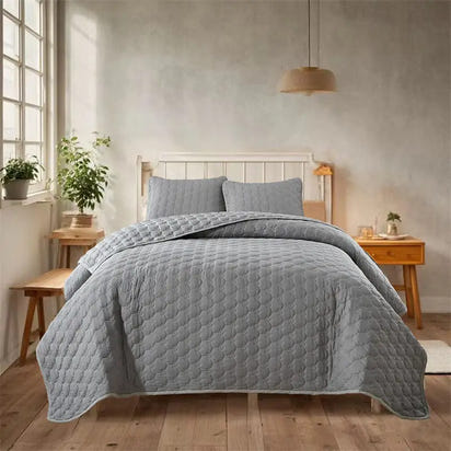 Gray quilted bedding set.
