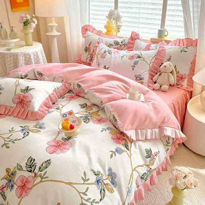 Floral bedding set with pink accents.